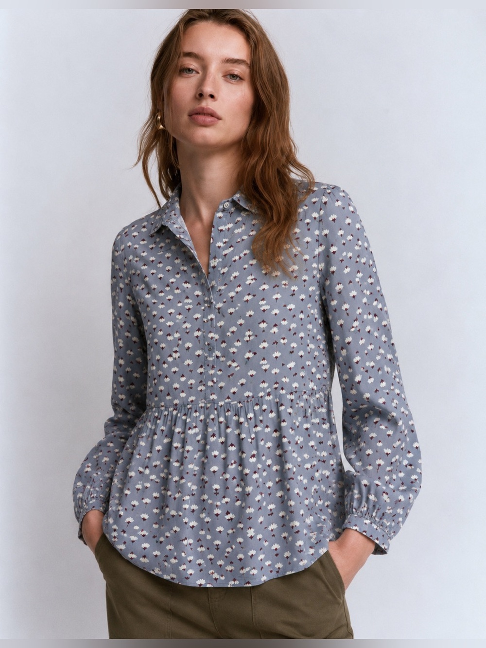Boden Tunic Lotus Flower Print Skirted Button Front Blouse Top Shirt Size 4 247